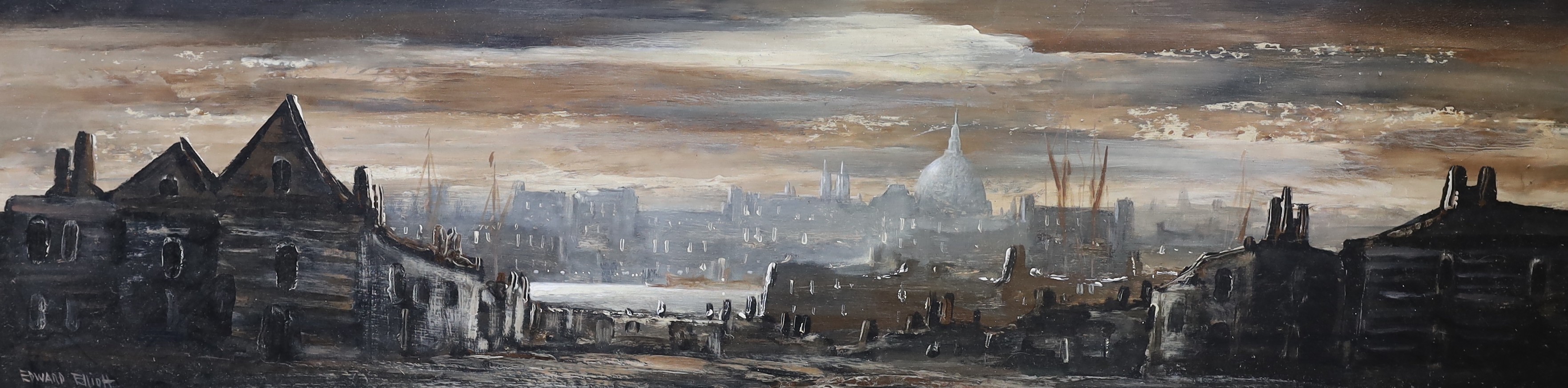 Edward Elliott (b.1918), oil on board, London viewed from the Thames, signed, 32 x 121cm